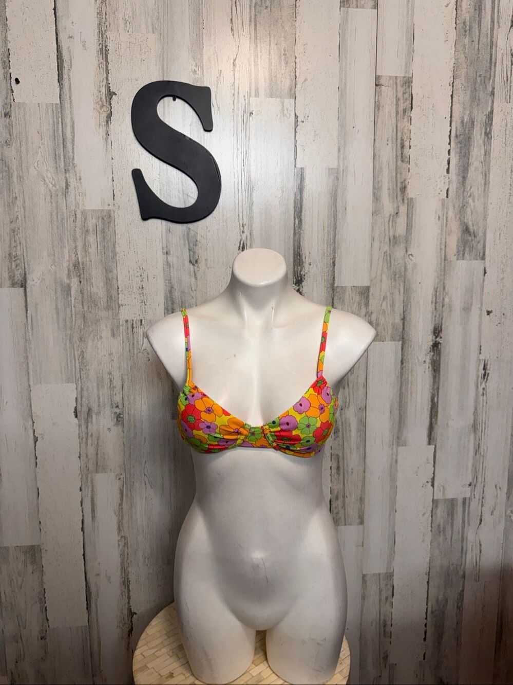 Retro Floral Underwire Demi Bikini Top Womens Small Multi Color Neon Boho